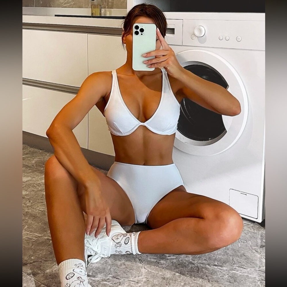 Solid white Bikini BOTTOMS. Mid to high waisted bottoms.
